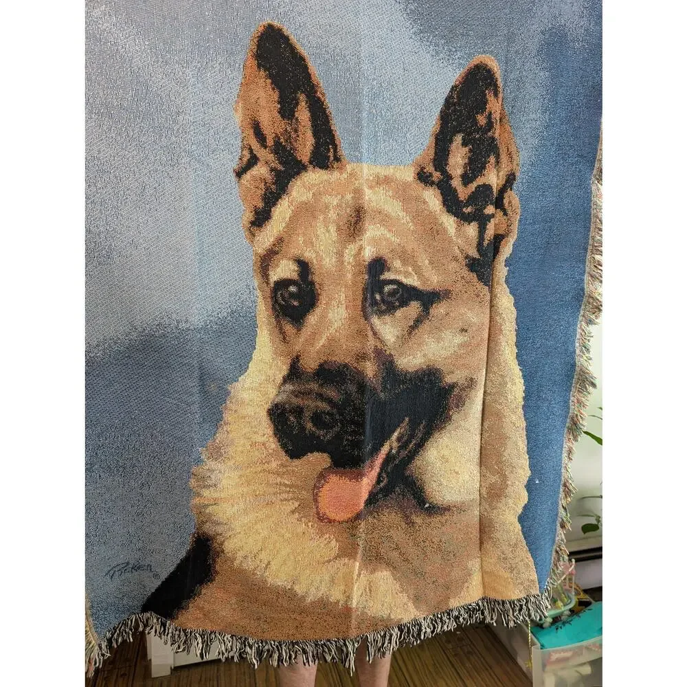 Vintage Linda Picken German Shepherd Dog Woven Tapestry Throw Blanket 47x60 USA